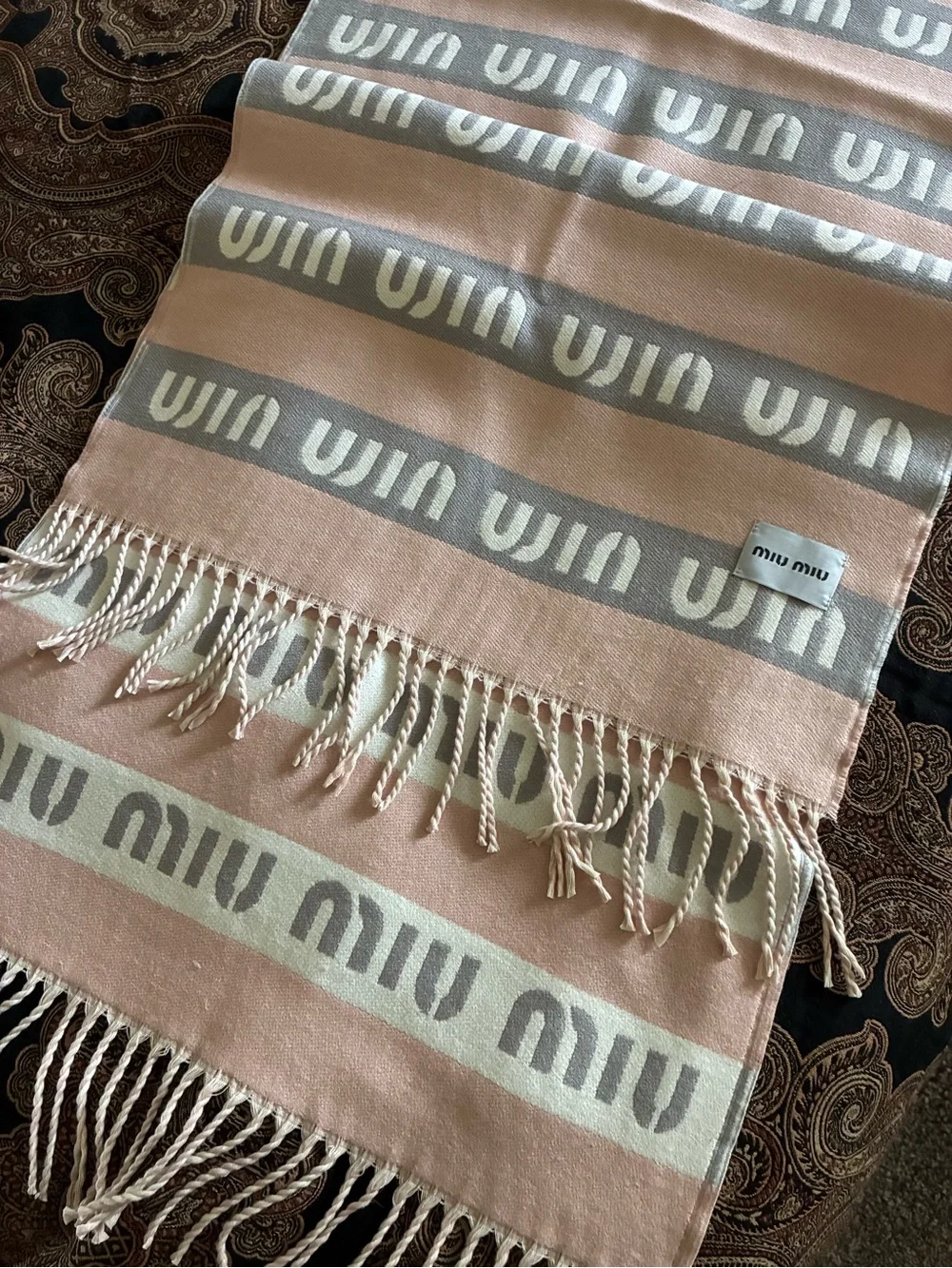 Miu Miu Blush Pink and Ivory Logo Stripe Scarf